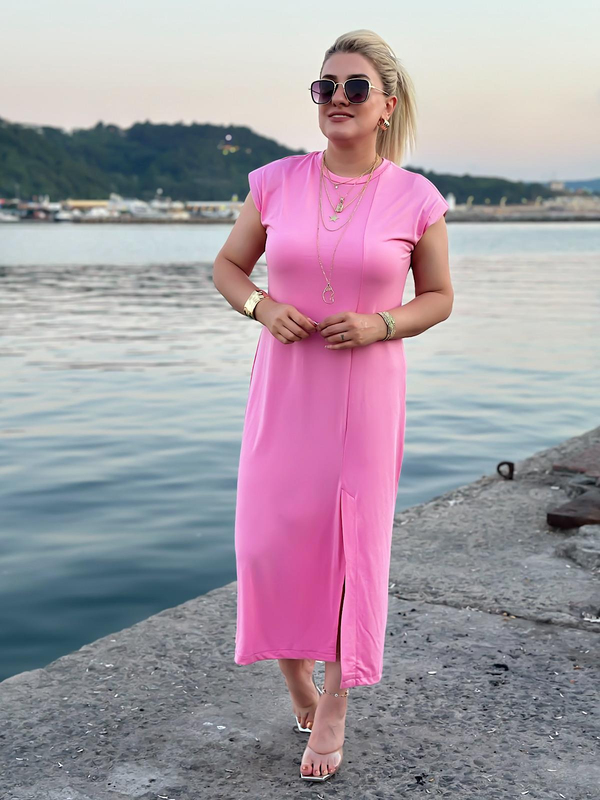 Vatkalı Düşük Omuz Önü Yırtmaçlı Modal Kumaş Elbise PEMBE-23YELB000100