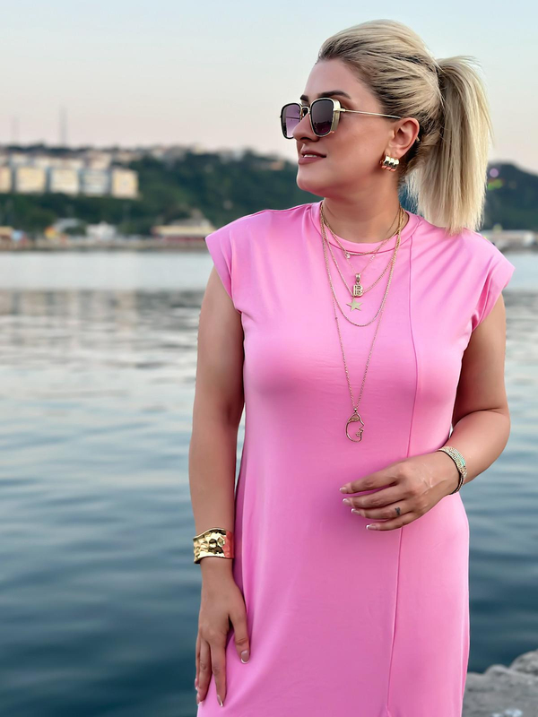 Vatkalı Düşük Omuz Önü Yırtmaçlı Modal Kumaş Elbise PEMBE-23YELB000100
