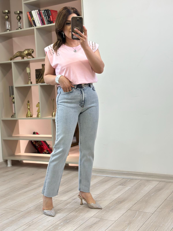 Vatkalı Omuzları Taş Detaylı Tshirt PUDRA-23YUST000239