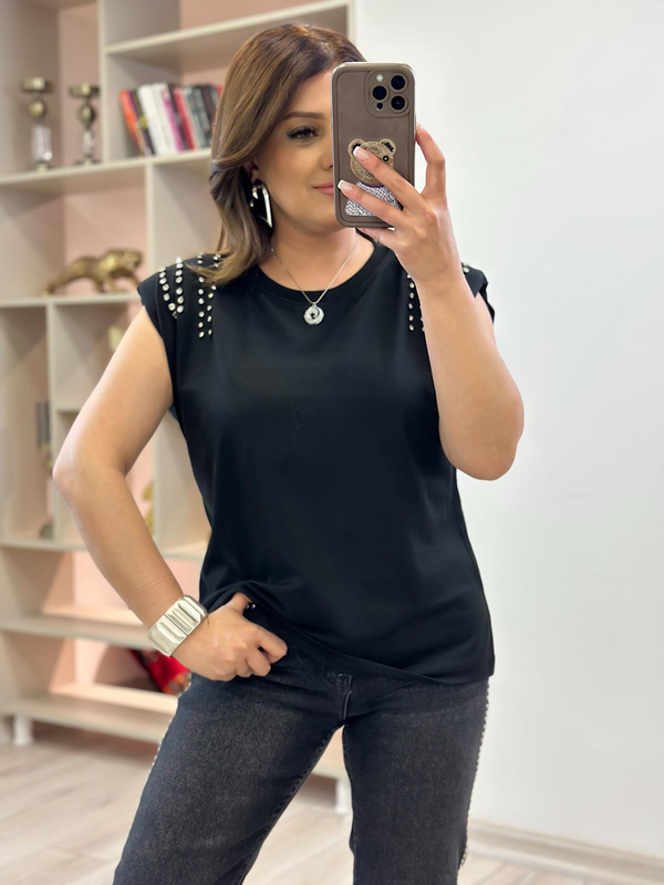 Vatkalı Omuzları Taş Detaylı Tshirt SİYAH-23YUST000239