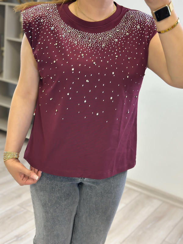 Vatkalı Serpme Taş Detaylı Tshirt BORDO-23YUST000230