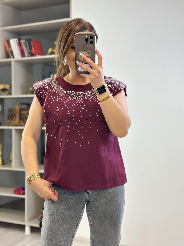 Vatkalı Serpme Taş Detaylı Tshirt BORDO-23YUST000230