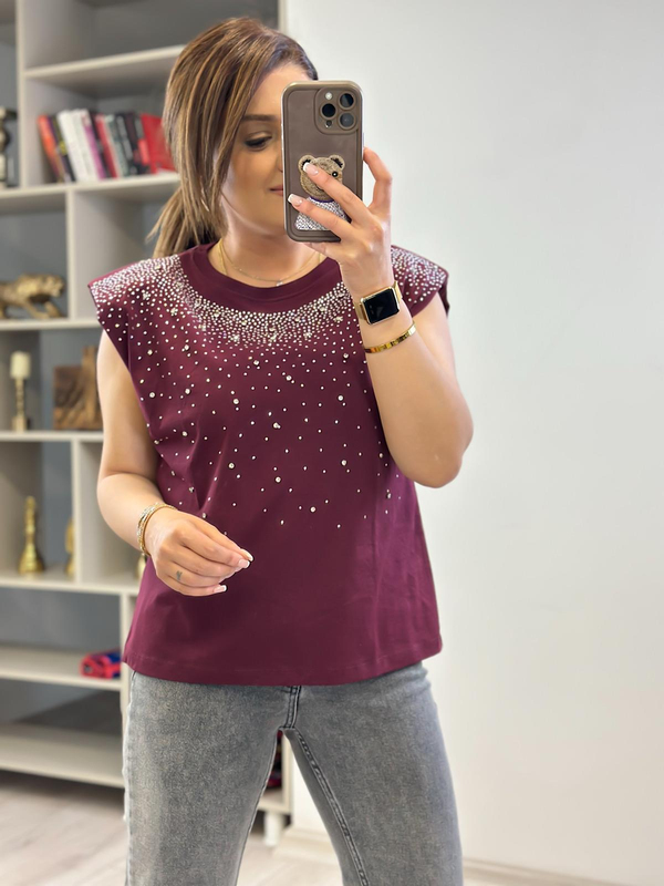 Vatkalı Serpme Taş Detaylı Tshirt BORDO-23YUST000230