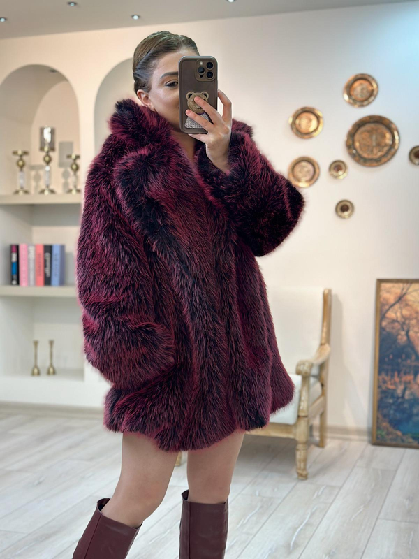 Women Yakalı Premium Kalite Kürk BORDO-23YDIS000016