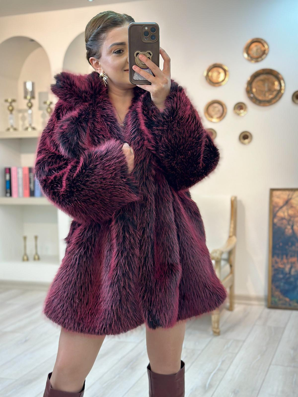 Women Yakalı Premium Kalite Kürk BORDO-23YDIS000016