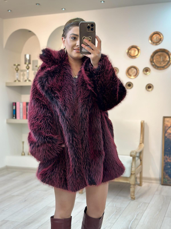 Women Yakalı Premium Kalite Kürk BORDO-23YDIS000016