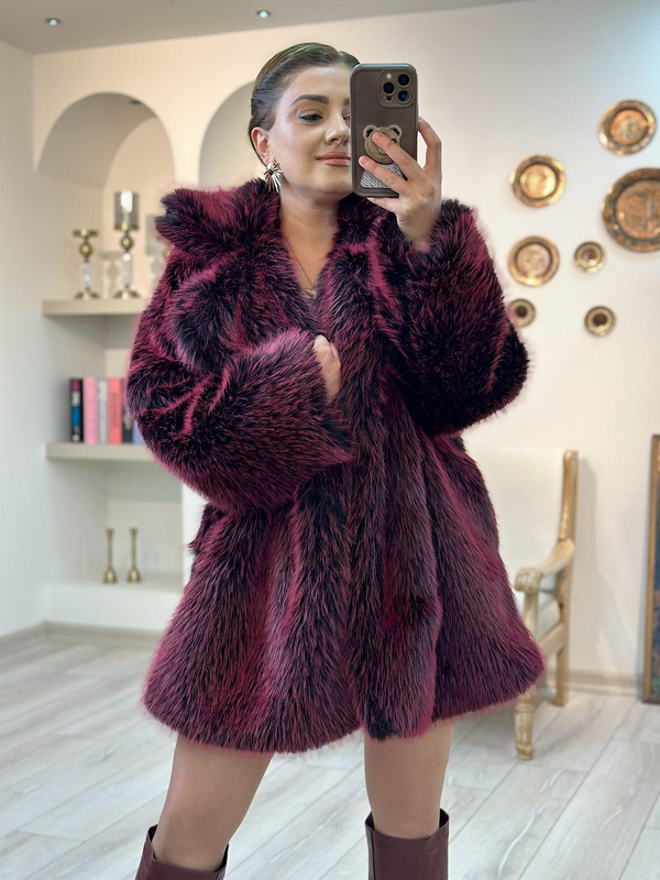 Women Yakalı Premium Kalite Kürk BORDO-23YDIS000016
