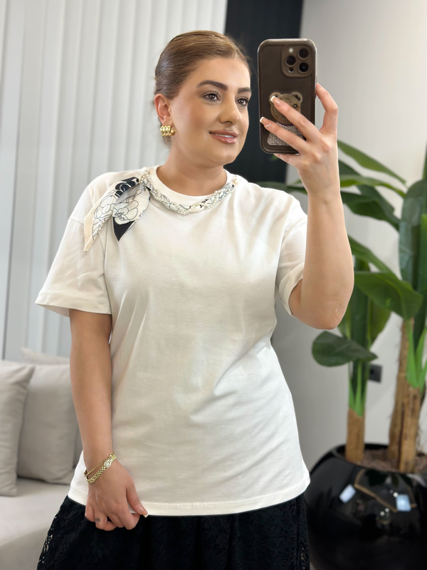 Yaka İncili Fularlı Pamuk Penye Tshirt EKRU-23MeUST00141