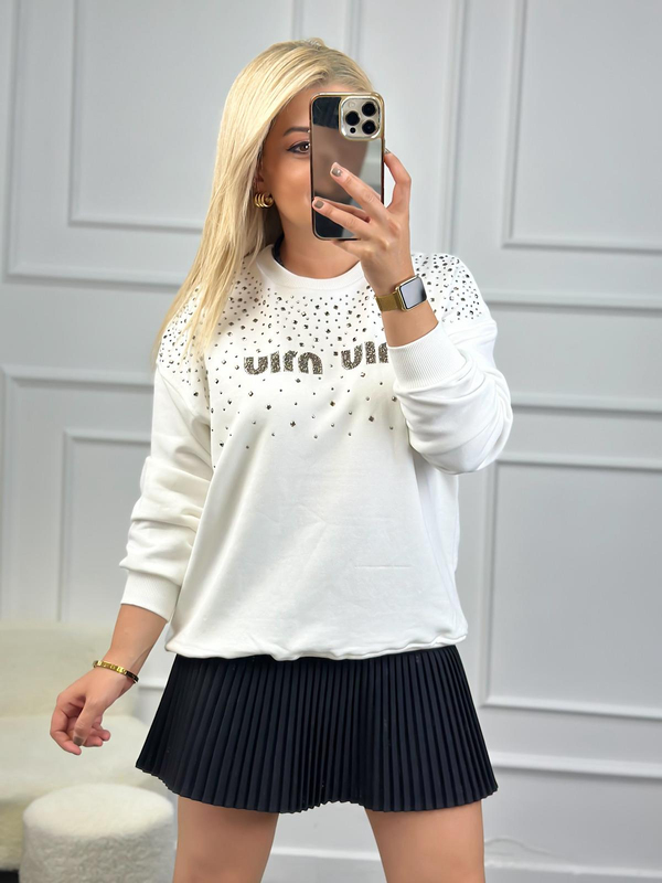 Yakası Taşlı Miu Sweatshirt BEYAZ-23KUST000079