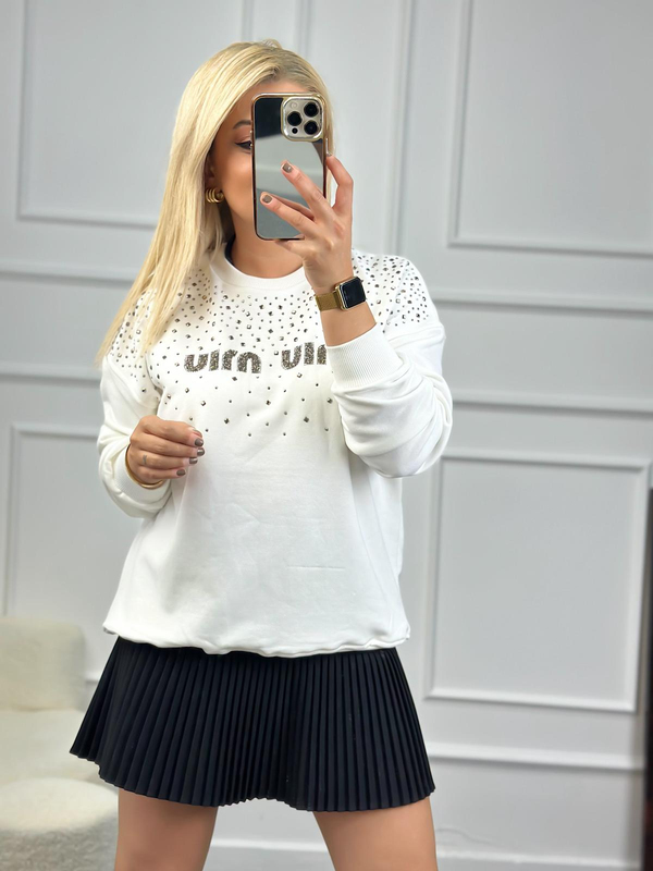 Yakası Taşlı Miu Sweatshirt BEYAZ-23KUST000079