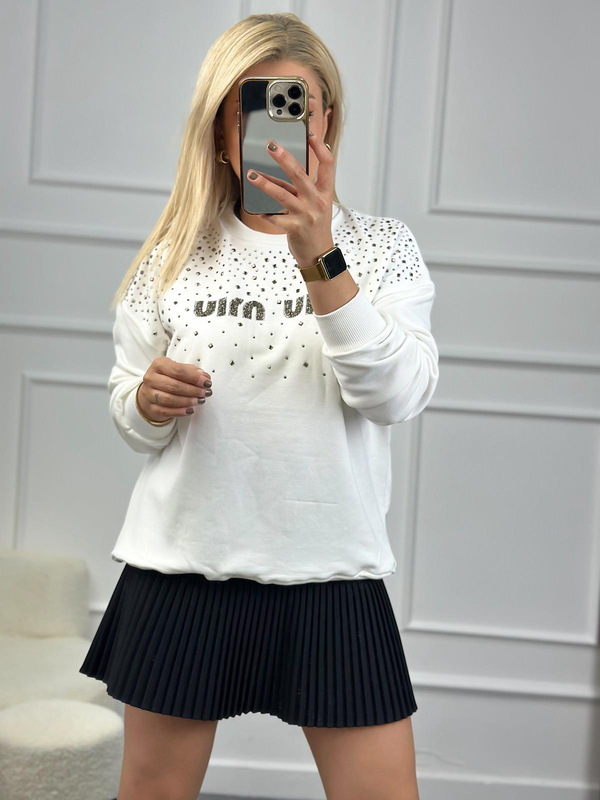 Yakası Taşlı Miu Sweatshirt BEYAZ-23KUST000079
