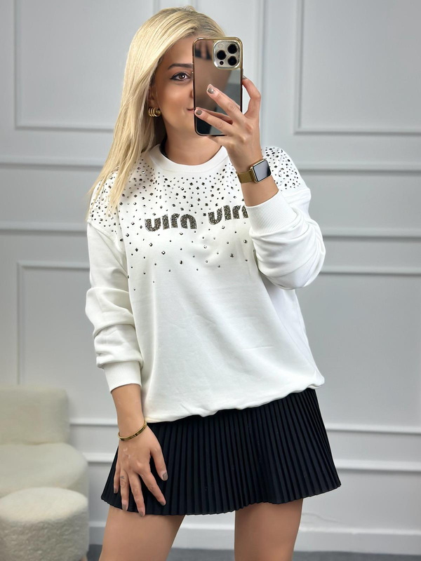 Yakası Taşlı Miu Sweatshirt BEYAZ-23KUST000079