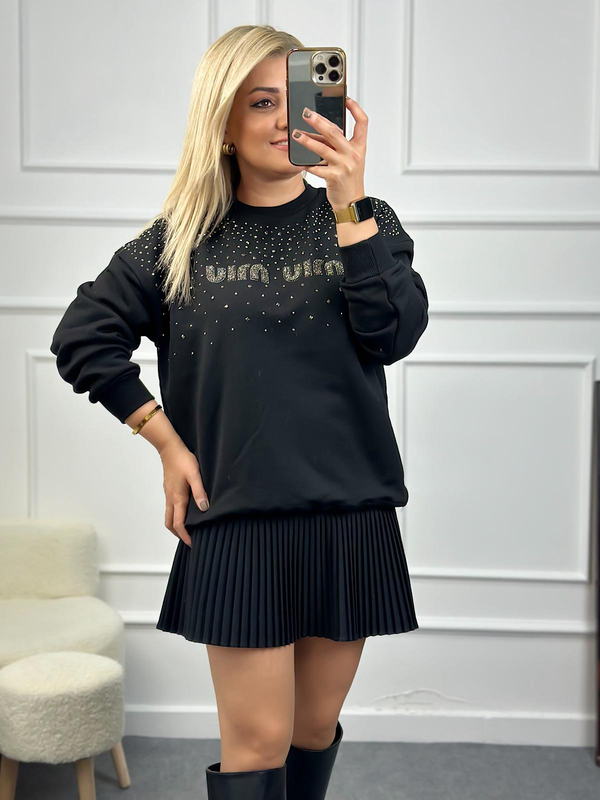 Yakası Taşlı Miu Sweatshirt SİYAH-23KUST000079