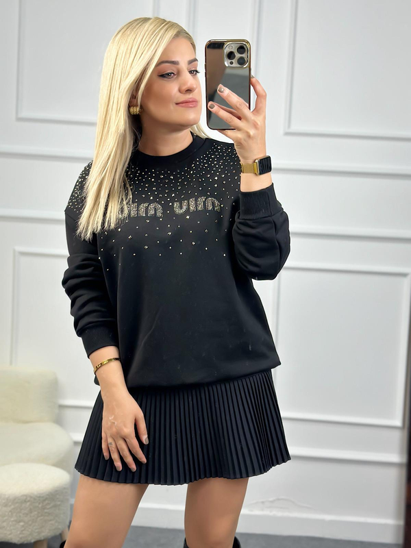 Yakası Taşlı Miu Sweatshirt SİYAH-23KUST000079