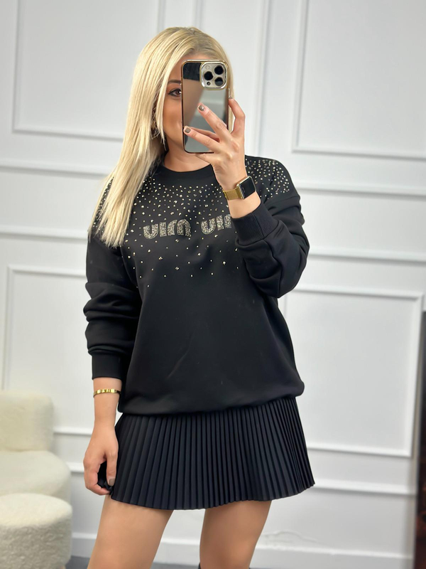 Yakası Taşlı Miu Sweatshirt SİYAH-23KUST000079