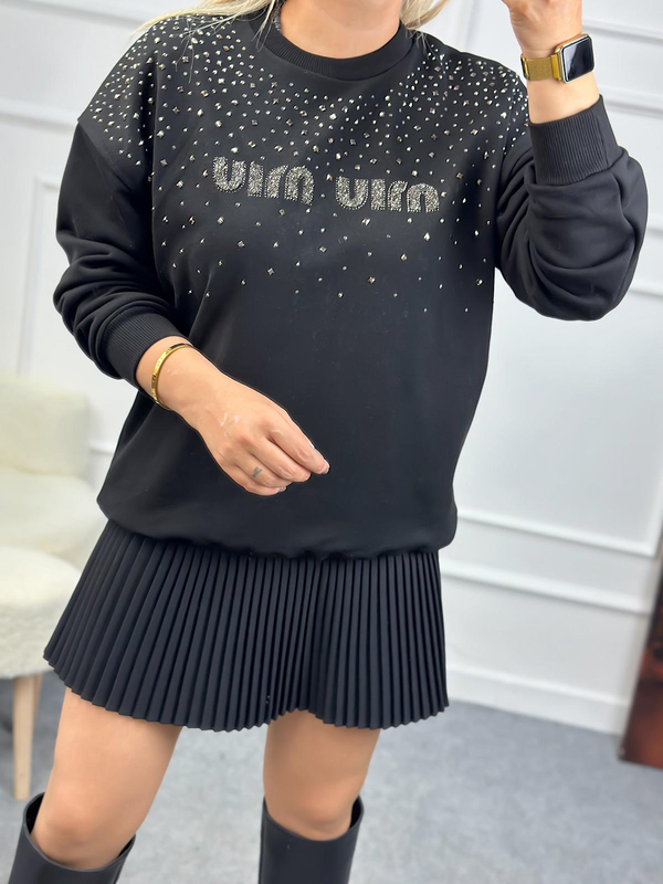 Yakası Taşlı Miu Sweatshirt SİYAH-23KUST000079