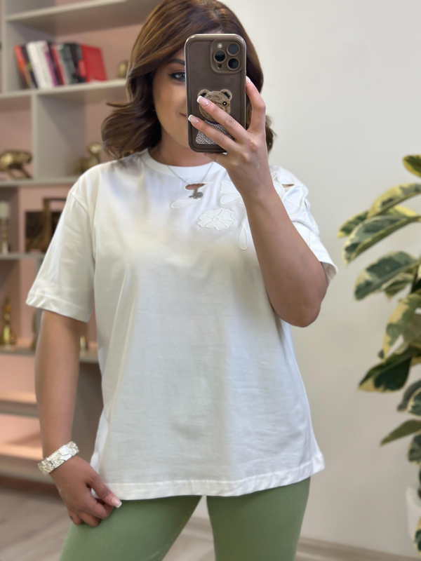 Yan Kol Nakış Detay T-shirt EKRU-23YUST000261
