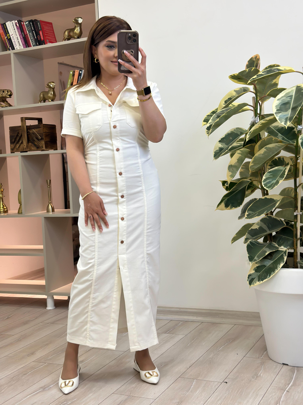 Yandan Büzgülü Uzun Denim Elbise EKRU-23YELB000143