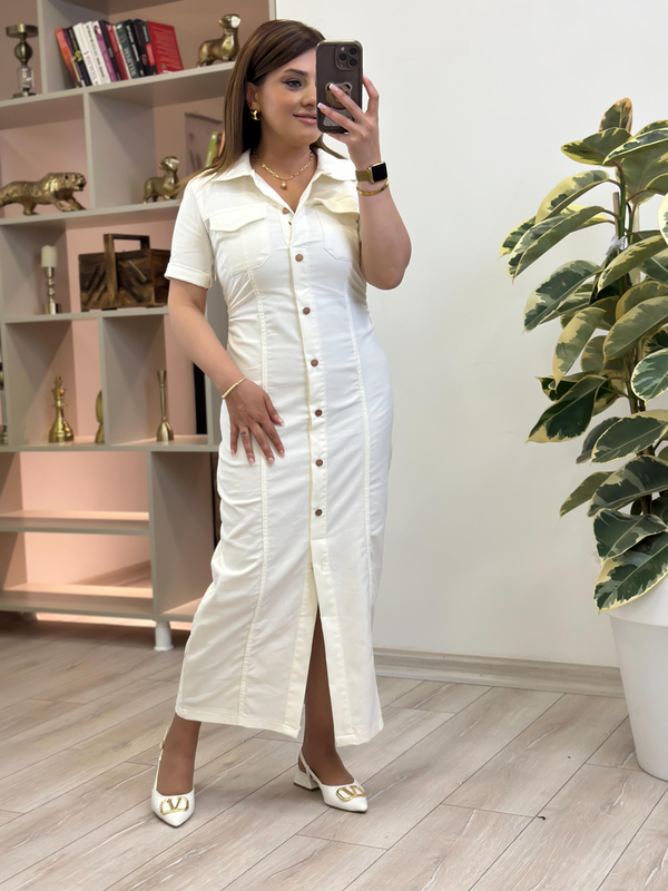 Yandan Büzgülü Uzun Denim Elbise EKRU-23YELB000143