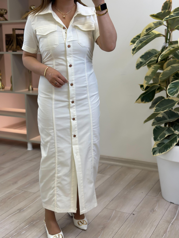 Yandan Büzgülü Uzun Denim Elbise EKRU-23YELB000143