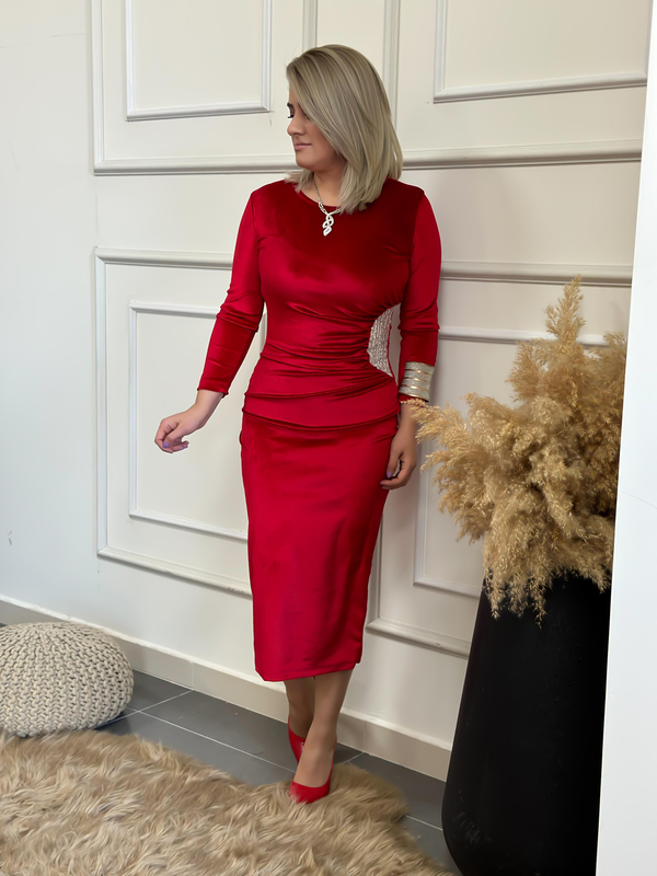 Yandan Drape Detaylı Pul İşlemeli Kadife Elbise BORDO-23KELB000002