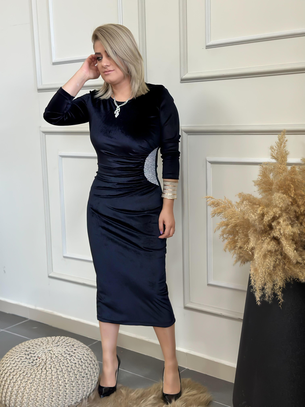 Yandan Drape Detaylı Pul İşlemeli Kadife Elbise SİYAH-23KELB000002
