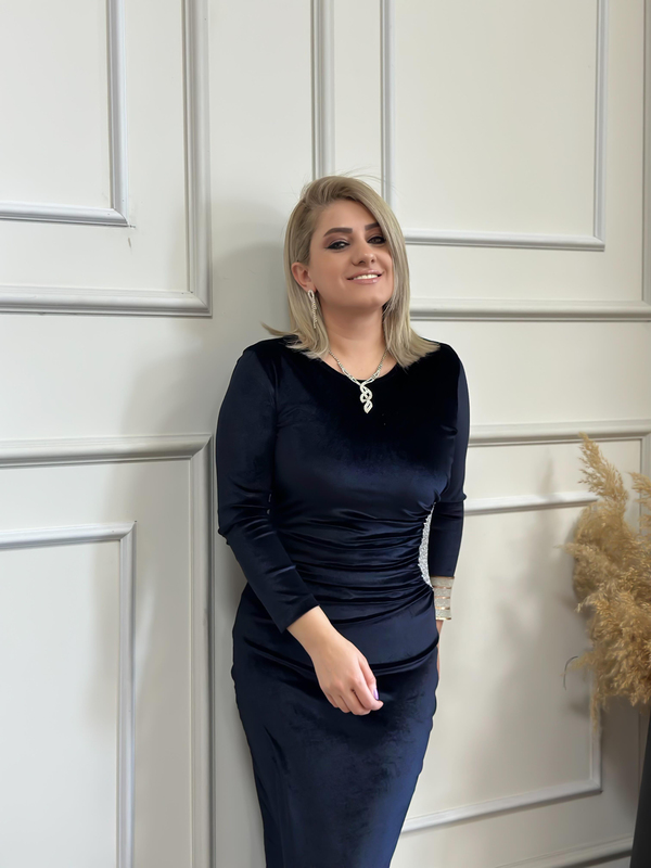 Yandan Drape Detaylı Pul İşlemeli Kadife Elbise SİYAH-23KELB000002