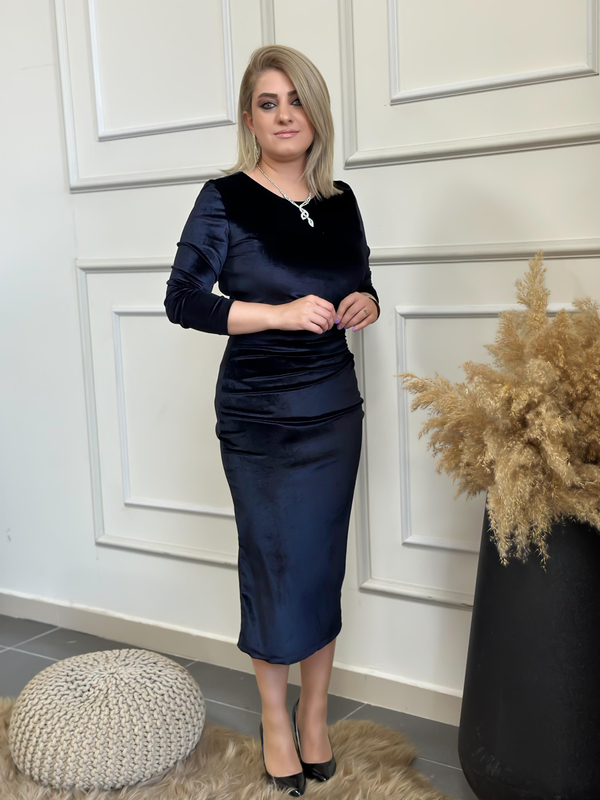 Yandan Drape Detaylı Pul İşlemeli Kadife Elbise SİYAH-23KELB000002
