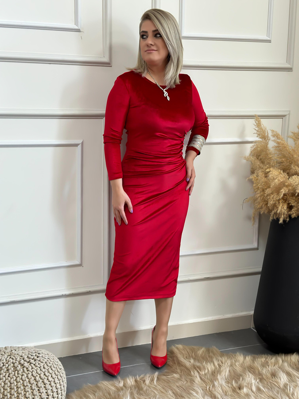 Yandan Drape Detaylı Pul İşlemeli Kadife Elbise BORDO-23KELB000002
