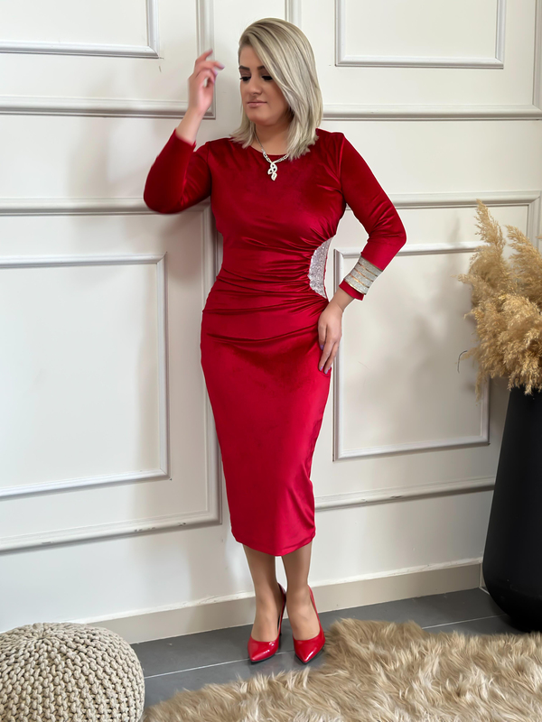 Yandan Drape Detaylı Pul İşlemeli Kadife Elbise BORDO-23KELB000002