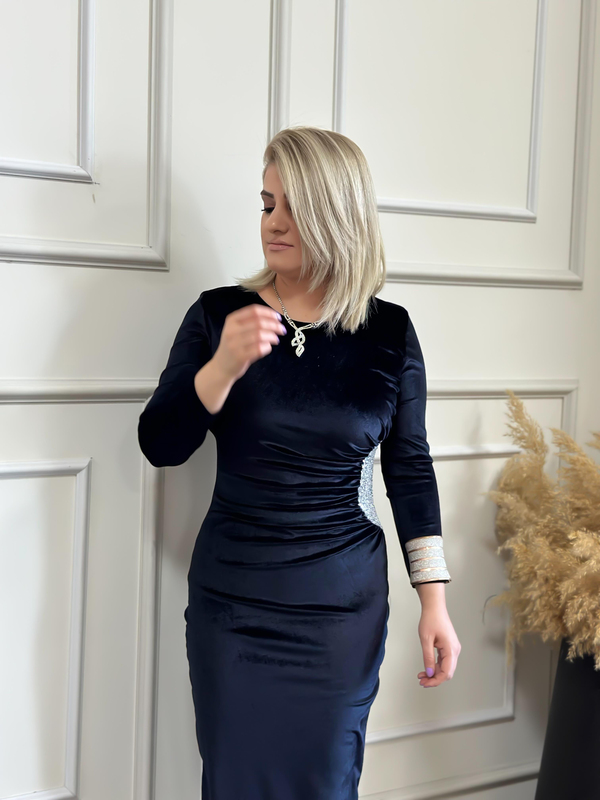 Yandan Drape Detaylı Pul İşlemeli Kadife Elbise SİYAH-23KELB000002
