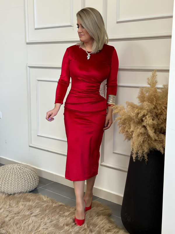 Yandan Drape Detaylı Pul İşlemeli Kadife Elbise BORDO-23KELB000002
