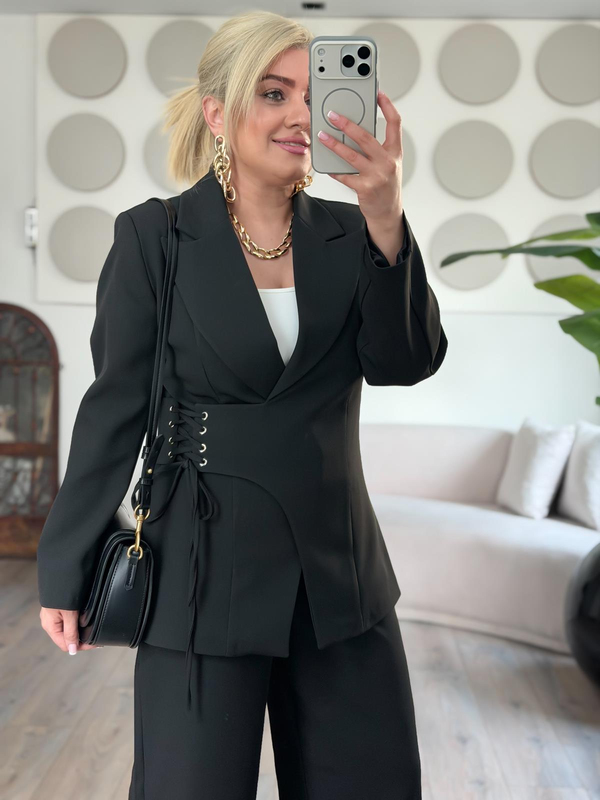 Yandan Kuşgözü Bağlama Detaylı Ceket Pantolon Takım SİYAH-23MeUST00154