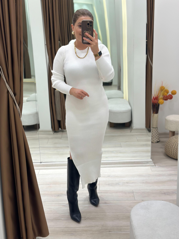 Yandan Yırtmaçlı Maxi Boy Triko Elbise BEYAZ-23KELB000016