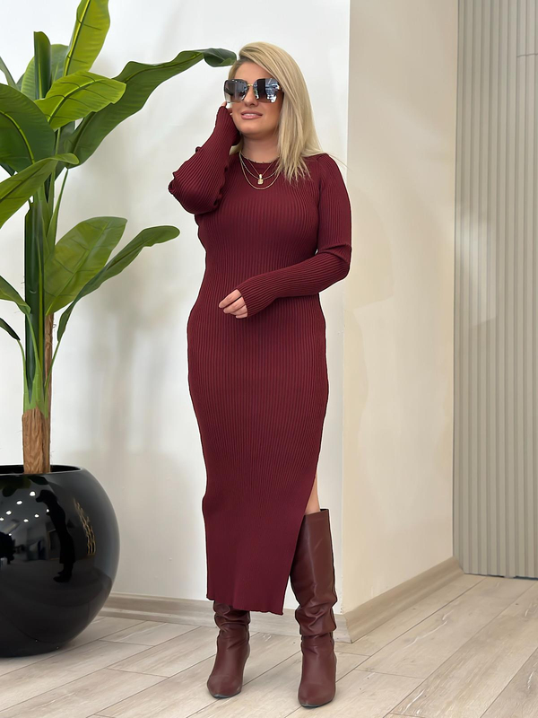 Yandan Yırtmaçlı Maxi Boy Triko Elbise BORDO-23KELB000016