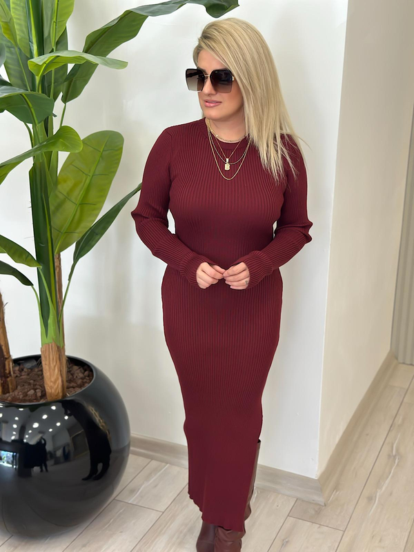 Yandan Yırtmaçlı Maxi Boy Triko Elbise BORDO-23KELB000016
