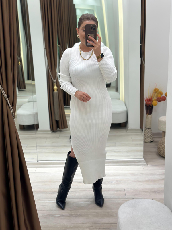 Yandan Yırtmaçlı Maxi Boy Triko Elbise BEYAZ-23KELB000016