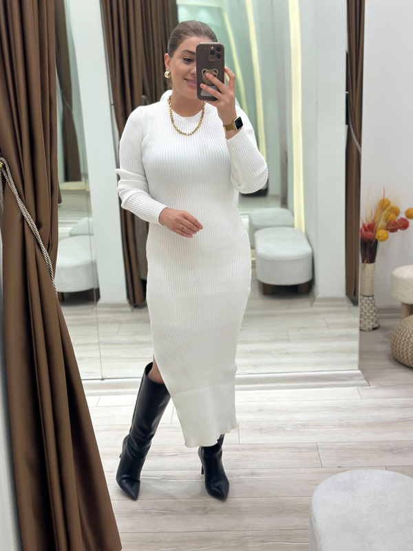 Yandan Yırtmaçlı Maxi Boy Triko Elbise BEYAZ-23KELB000016