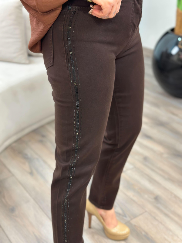 Yanı Işıltılı Taşlı Likralı Kot Pantolon ACI KAHVE-23MeALT00109