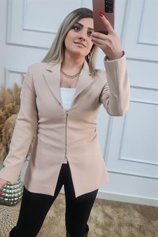 Yanları Büzgülü Fit Kesim Ceket BEJ-23MeUST00036