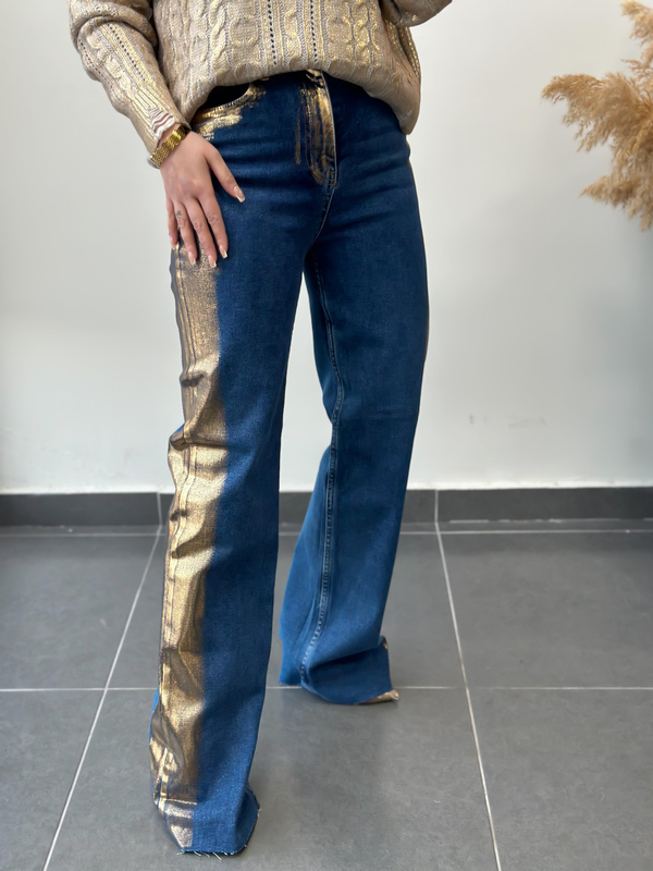 Yanları Geçişli Paça Yırtık Tasarım Palazzo Jean GOLD-23KALT000011