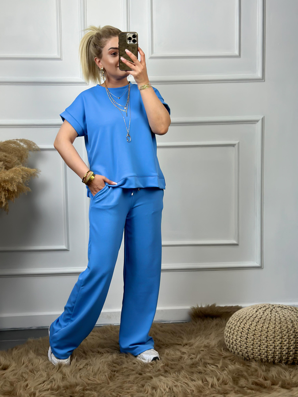 Yanları Yırtmaçlı Likralı Bol Paça Pantolon Bluz Takım MAVİ-23YUST000048