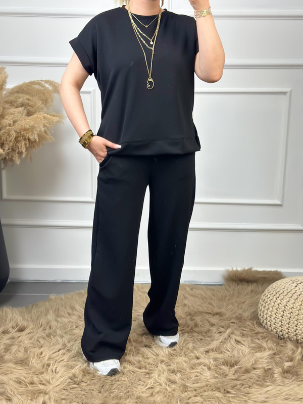 Yanları Yırtmaçlı Likralı Bol Paça Pantolon Bluz Takım SİYAH-23YUST000048