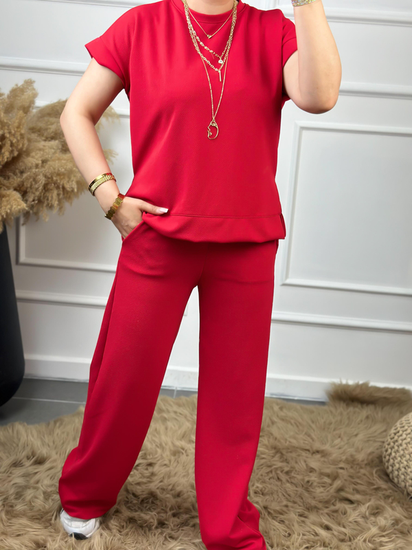 Yanları Yırtmaçlı Likralı Bol Paça Pantolon Bluz Takım KIRMIZI-23YUST000048