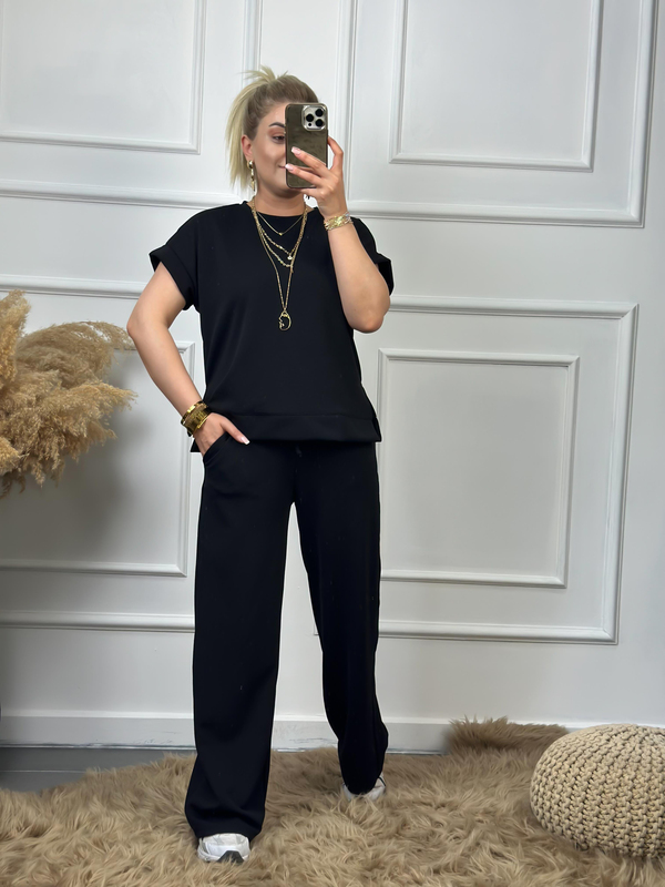Yanları Yırtmaçlı Likralı Bol Paça Pantolon Bluz Takım SİYAH-23YUST000048