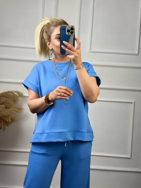 Yanları Yırtmaçlı Likralı Bol Paça Pantolon Bluz Takım MAVİ-23YUST000048