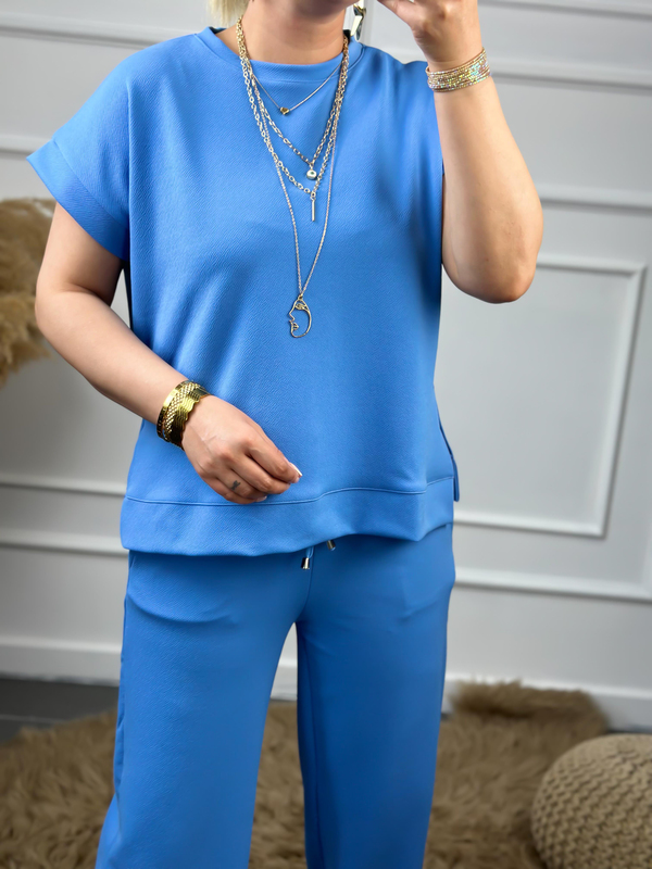 Yanları Yırtmaçlı Likralı Bol Paça Pantolon Bluz Takım MAVİ-23YUST000048