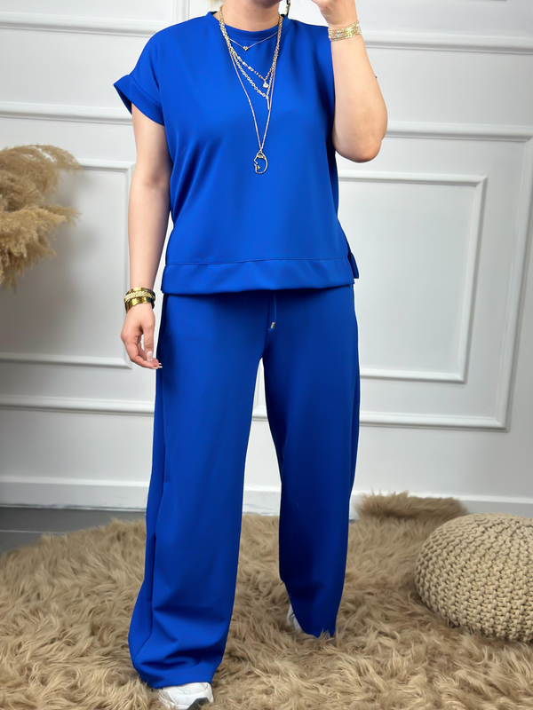 Yanları Yırtmaçlı Likralı Bol Paça Pantolon Bluz Takım SAKS-23YUST000048