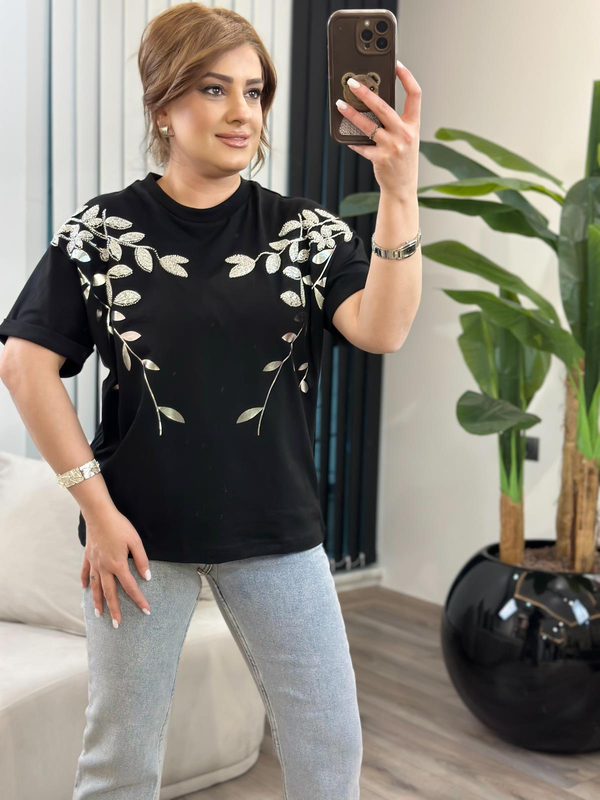 Yaprak Varak Boncuklu Pamuk Penye Tshirt SİYAH-23MeUST00142