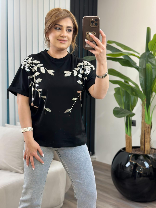 Yaprak Varak Boncuklu Pamuk Penye Tshirt SİYAH-23MeUST00142